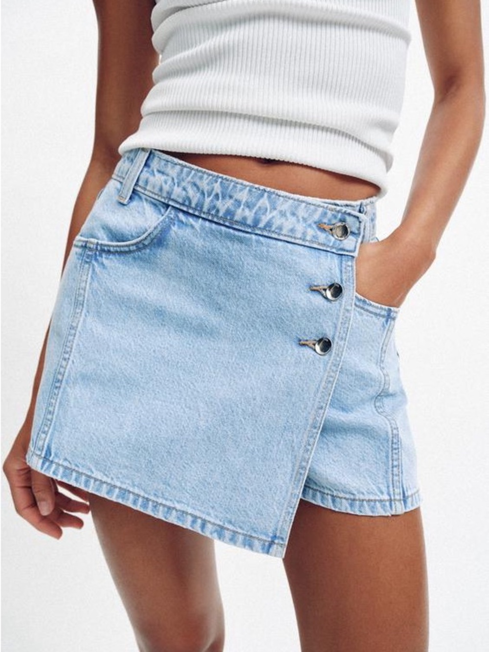 Zara Light Blue Denim Mini Skirt with Raw Frayed Hem